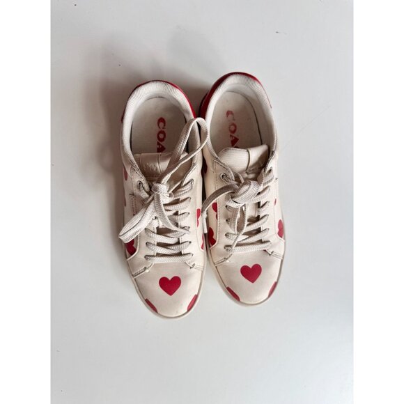 COACH Lowline Red Valentine's Day Heart Print Leather Low Top Sneakers, Size 5.5 - Picture 2 of 16
